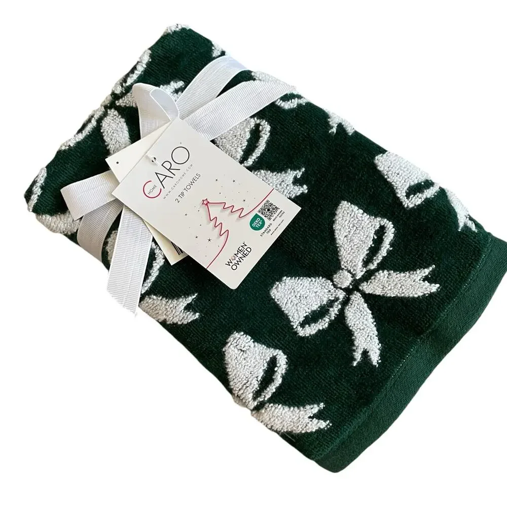 Caro Home Christmas Bow Tip Towels Set of 2 Green & White Holiday Glam New